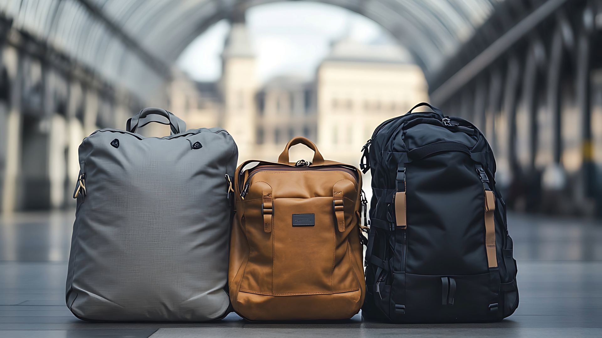 Three travel bags in empty station, ready for adventure and exploration