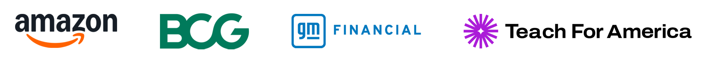 Logos of Amazon,BCG, GM Financial, and Teach for America