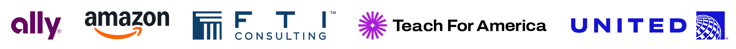 Logos of Ally, Amazon, FTI Consulting, Teach For America, and United Airlines.