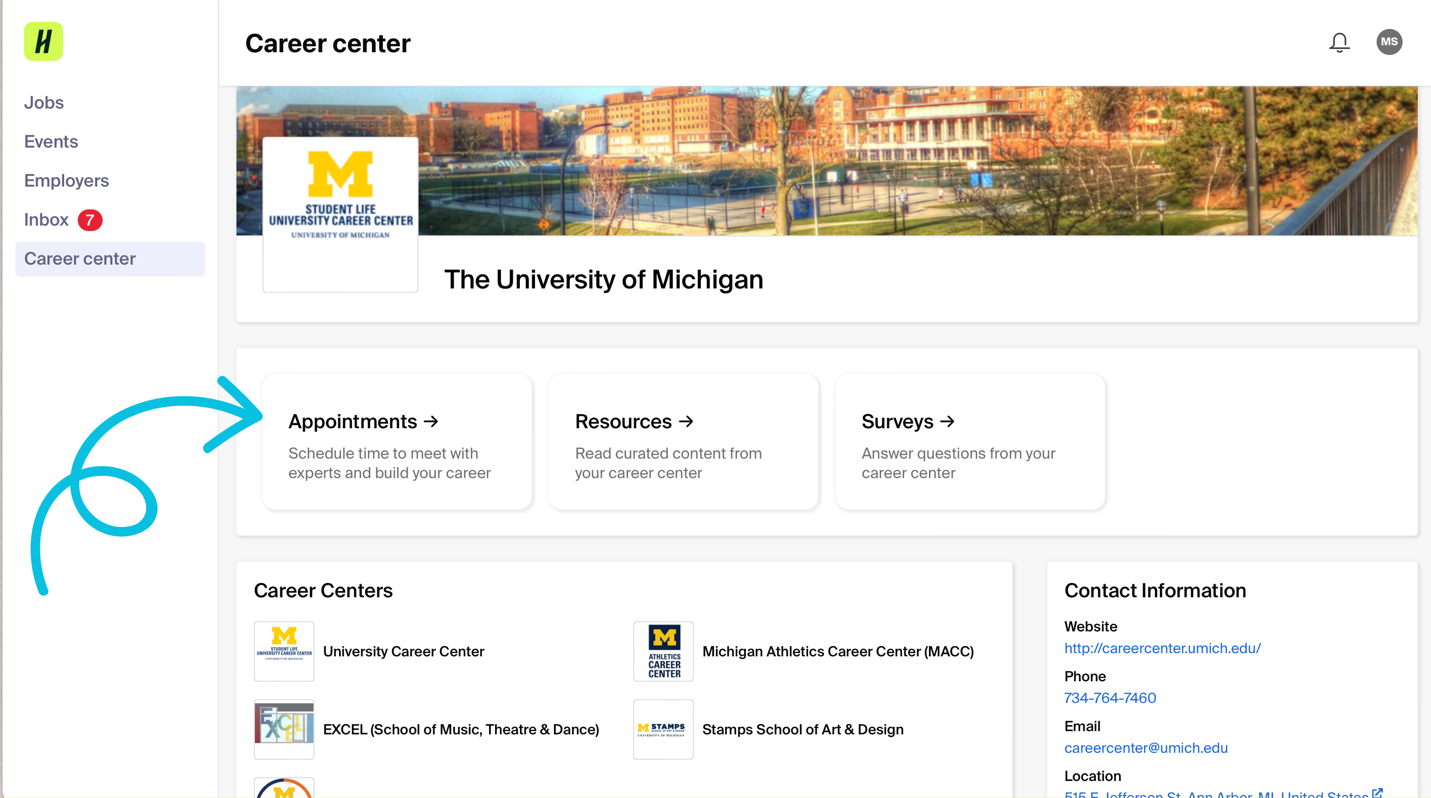 This is the Career Center information page. There is a blue squiggly line pointing to the 'Appointments' tab, which is located in the main content area. Select that option to begin the process of scheduling an appointment.