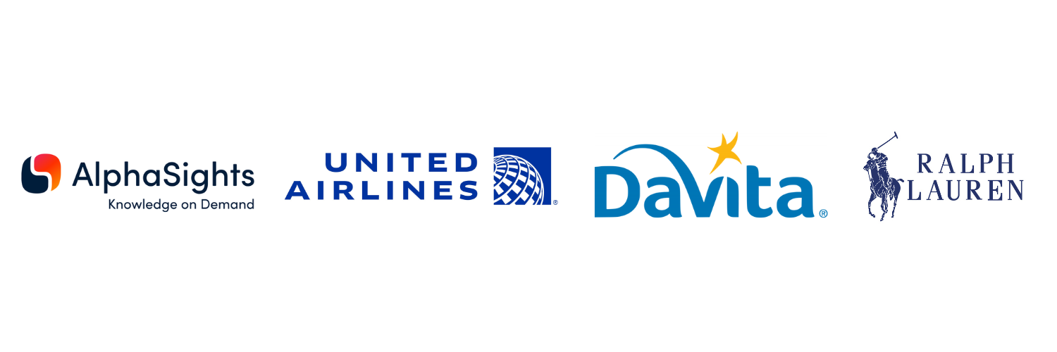 Company Logos for AlphaSights, United Airlines, Davita, and Ralph Lauren