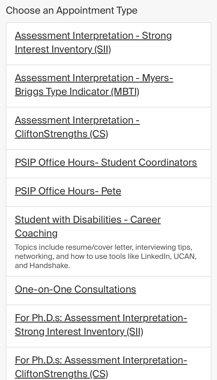 This page shows a list of appointment types for the 'Special Services' category. Select the 'Students with Disabilities - Career Coaching' appointment type.