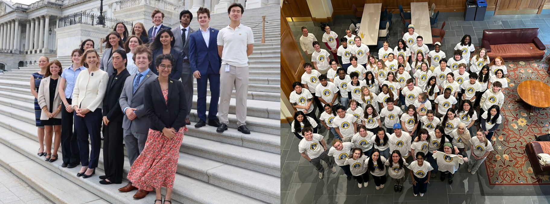 Collage of two group photos of University of Michigan students: one with Senator Slotkin outdoors at a governmental building, and another of many students in matching t-shirts indoors.