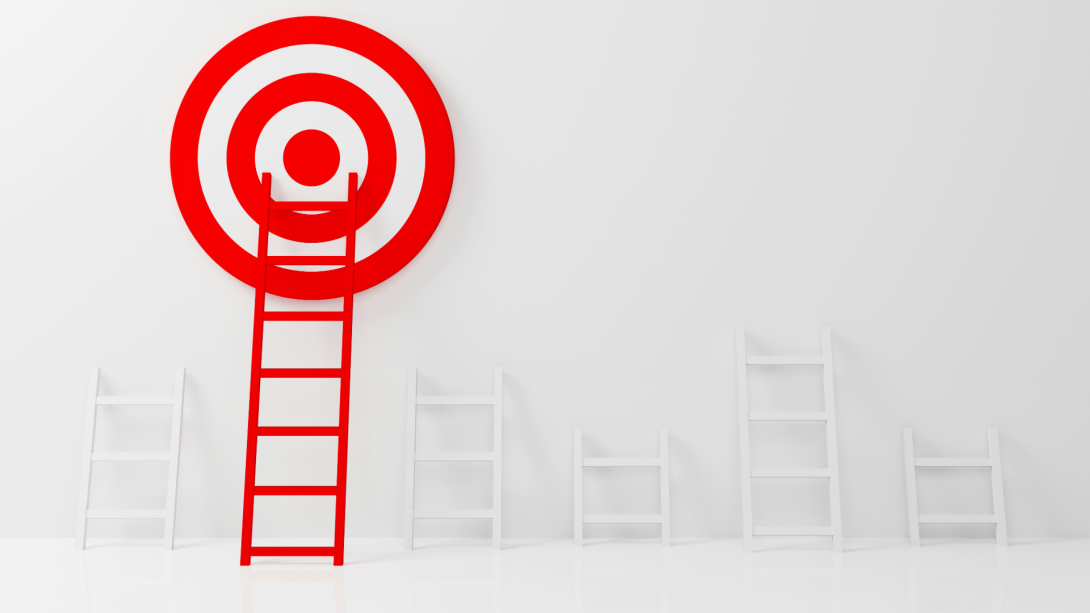 Stand out from the crowd and think different creative idea concepts. Longest red color ladder growing up growth to aiming high to goal target. 3d illustration